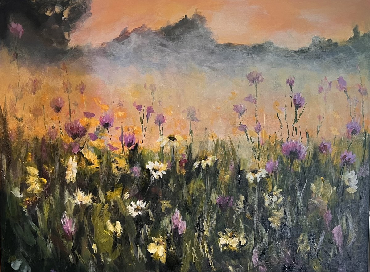 Impressionistic Landscape Acrylic Painting By Carolyn Shoemaker (Soma), 24 X 18, Field Of Wildflowers, Original Artwork