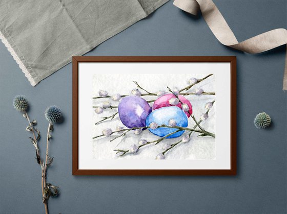 Easter. Spring still life with pussy willow branches and painted eggs. Original watercolor artwork.