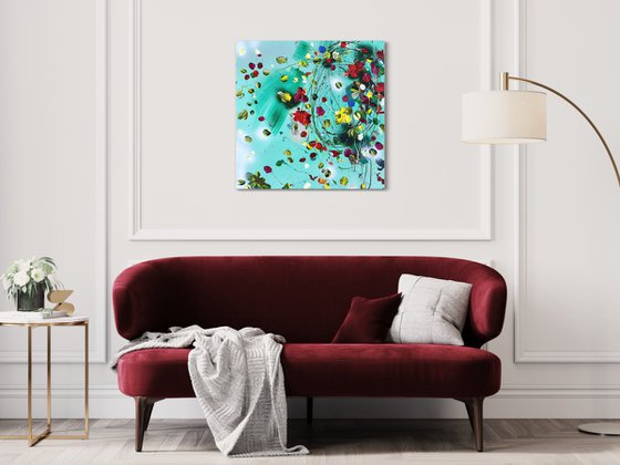 Structure impasto acrylic painting with abstract flowers 60x60cm "Floral Fusion"