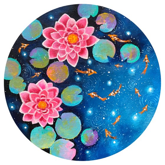 Galaxy water lilies! Koi fish and fire flies!  Ready to hang