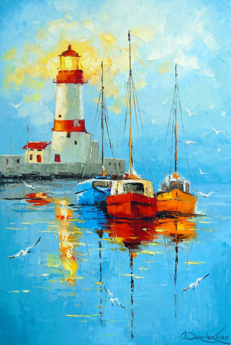 A Quiet Harbor By The Lighthouse By Olha Darchuk, 16 X 24, Artwork For Sale On Artfinder