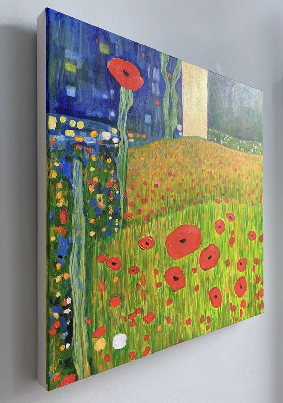 Contemporary Abstract Poppies & Gold Leaf Landscape.