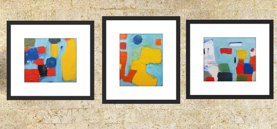 BLUE MOON TRIPTYCH. THREE Original small abstract acrylic paintings.