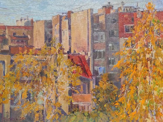 Golden autumn - bright colours, urban landscape,oil painting