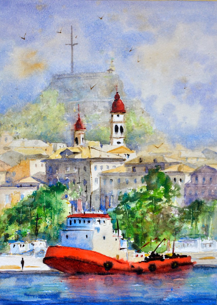Red tug-boat Kerkyra Corfu Greece 25x36cm 2020 by Nenad Kojic watercolorist