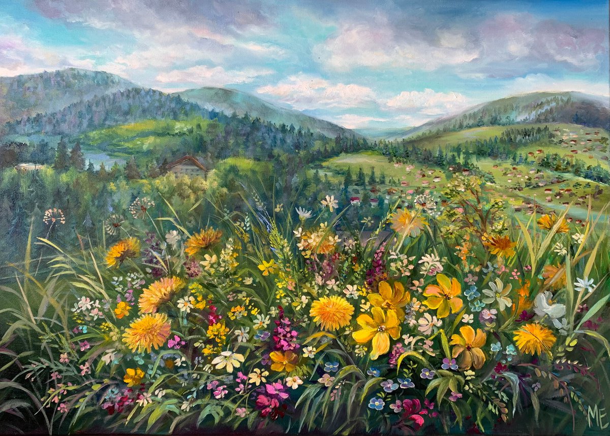 Impressionistic Botanical Oil Painting By Olena Hontar, 28 X 20", Spring In The Carpathians, Original Artwork