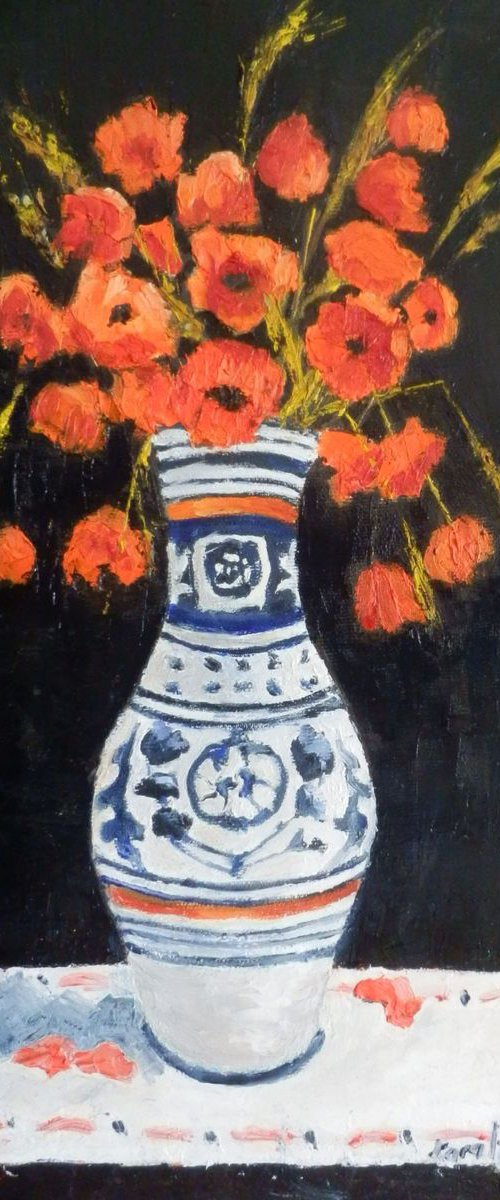 Poppy flowers in a traditional pot by Maria Karalyos