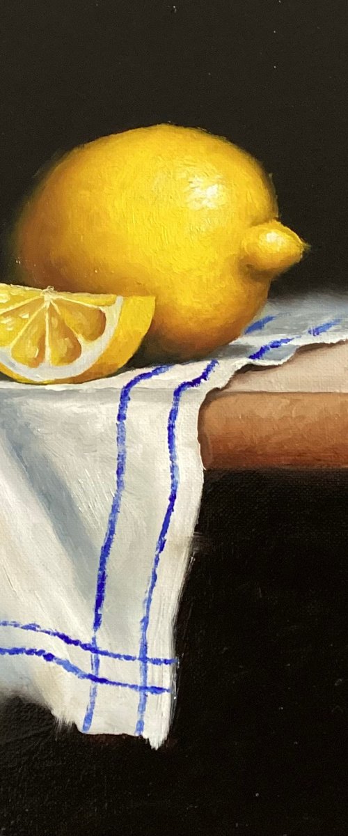 Lemon on cloth still life by Jane Palmer Art