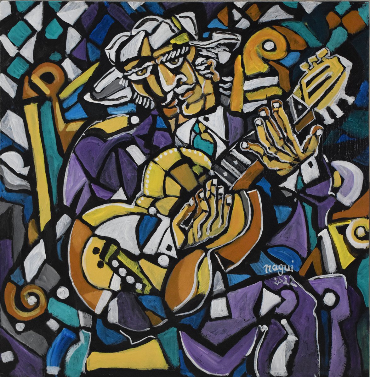 Expressive Portrait Acrylic Painting By Nagui, 12 X 12", Guitarist 301, Original Artwork