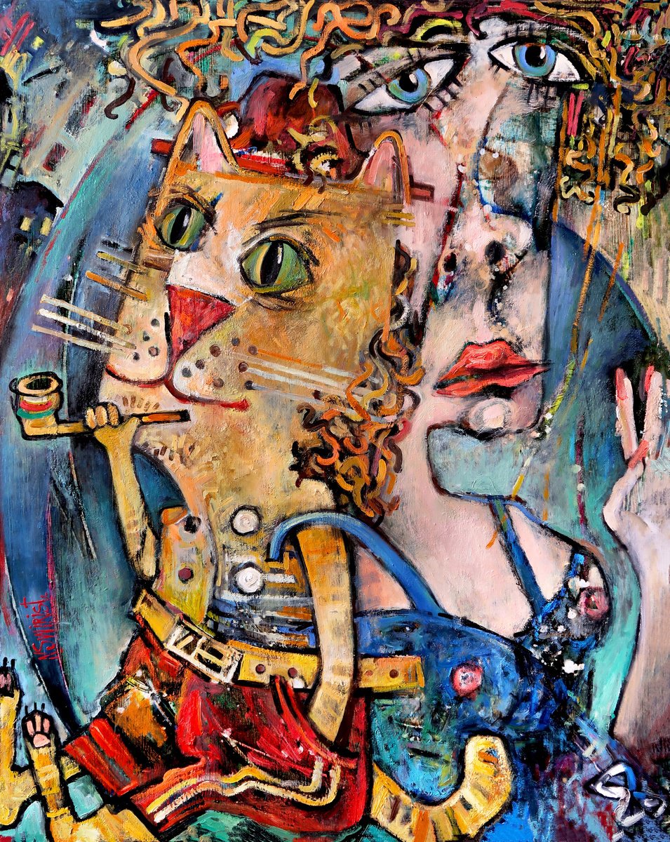 Girl, cat and peace pipe. by Nikifor Swiristuhin