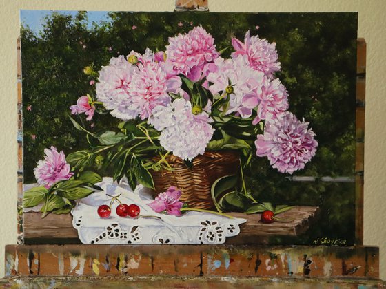 Garden Peonies with Cherries