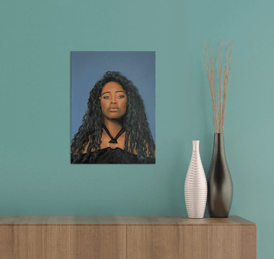 Modern young black woman oil portrait.
