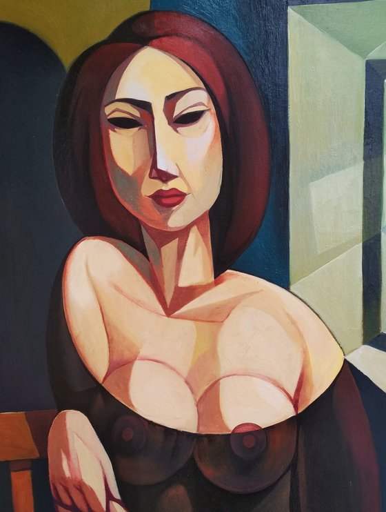 Waiting (60x80cm, cubism, oil painting, ready to hang)