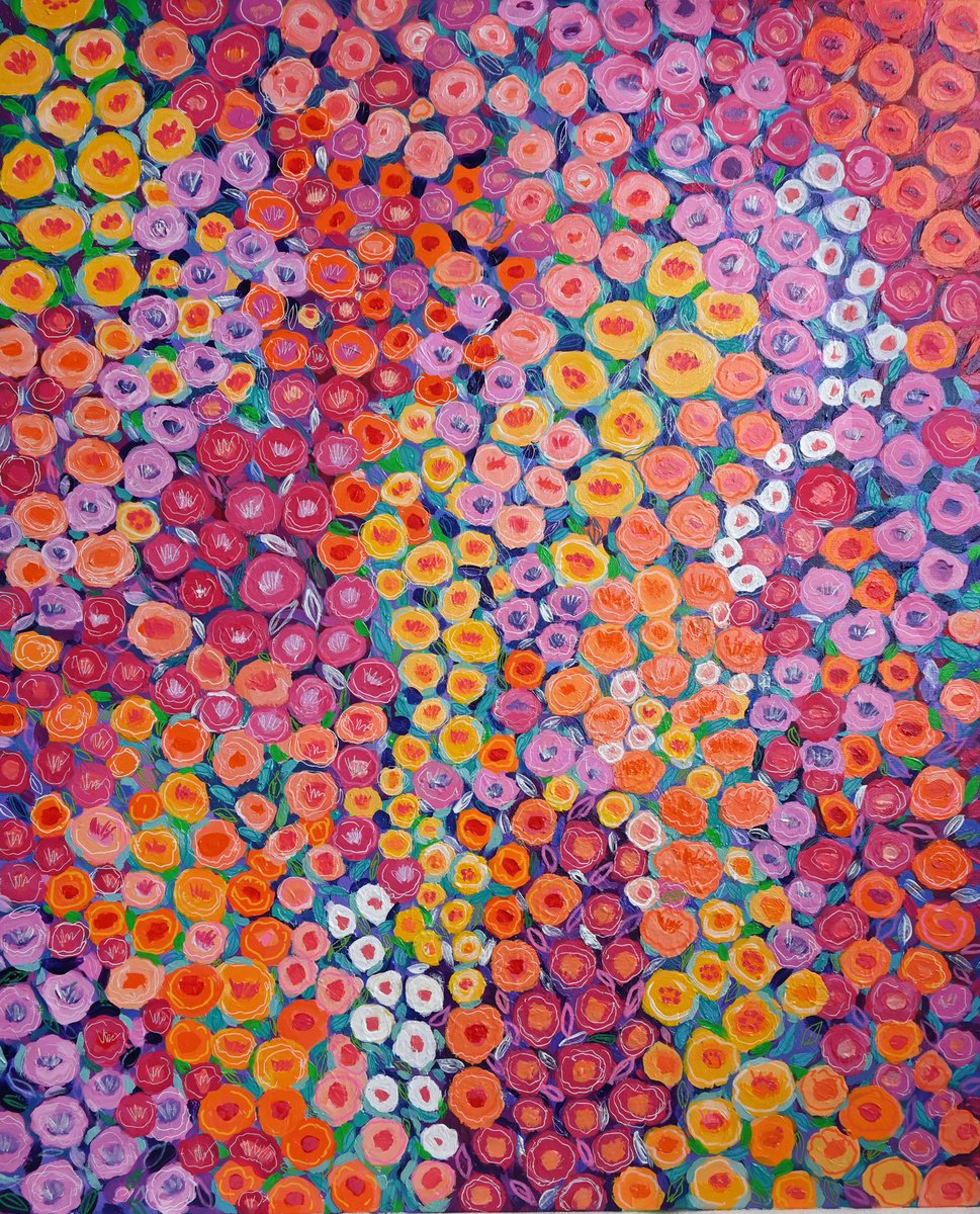 Abstract Botanical Acrylic Painting By Mima Taneva, 31 X 39", Moon Garden, Original Artwork