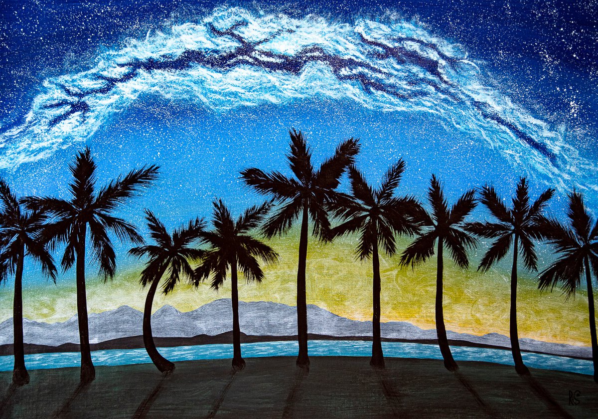 DREAMY PALM TREES - 70x100 cm night landscape, palm trees on the beach by Rimma Savina