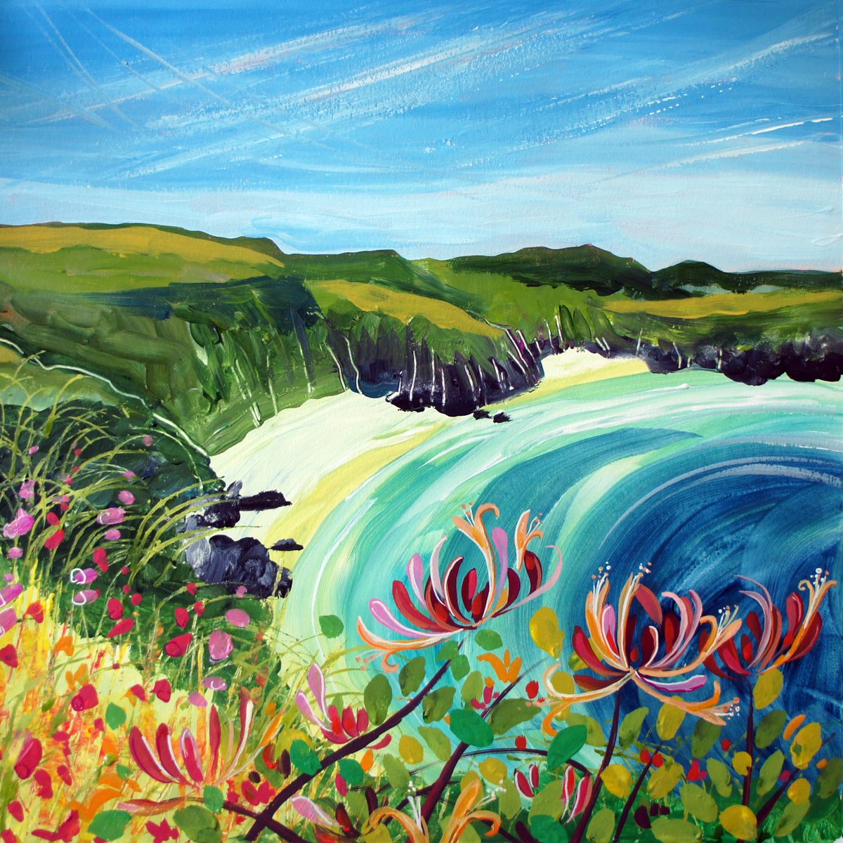 Impressionistic Landscape Acrylic Painting By Julia Rigby, 15 X 15", Lantic Bay, Original Artwork