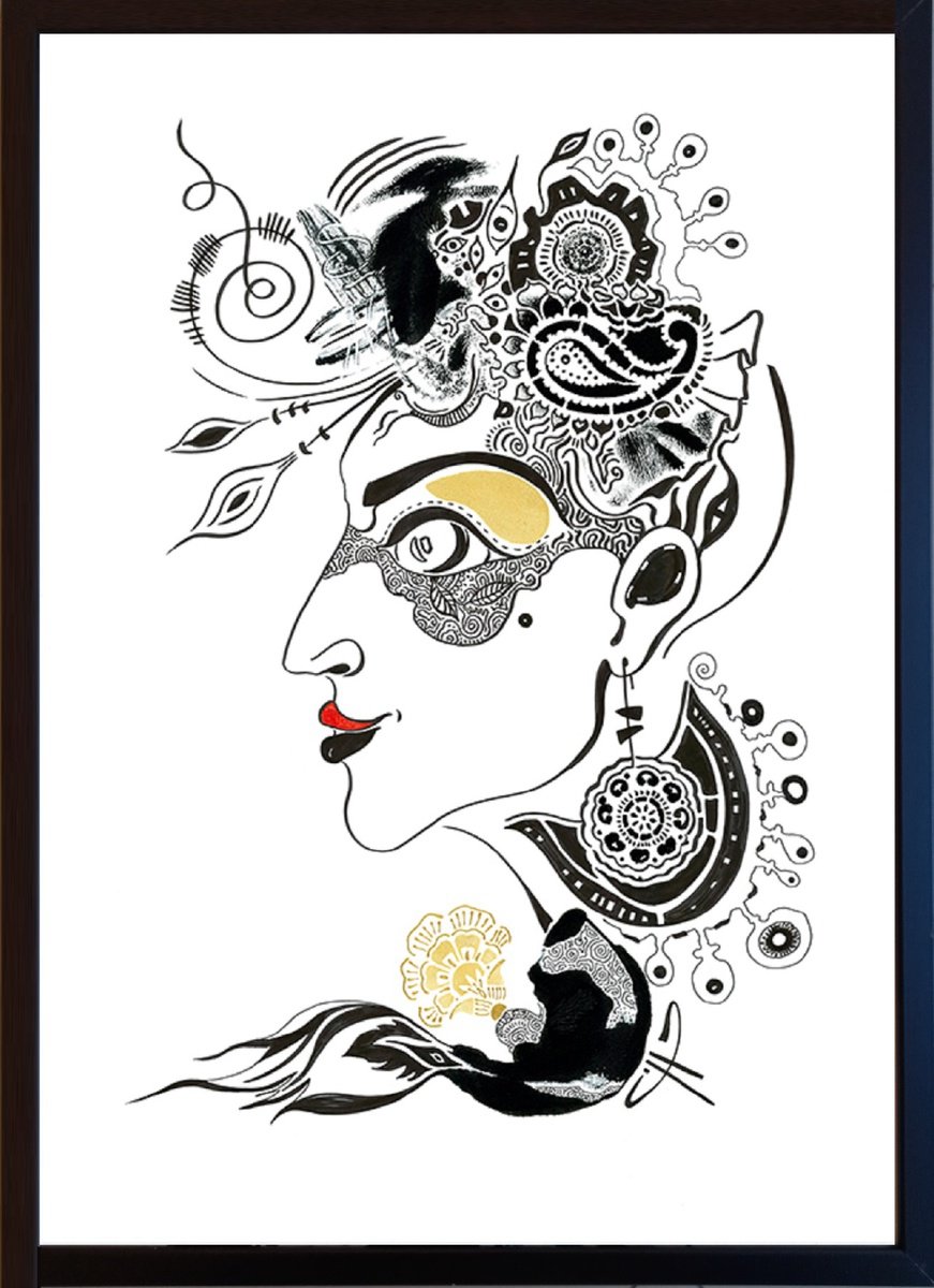 Urban And Pop Portrait Ink Drawing By Silvia Pavlova, 21 X 29", "Bizarre Look", Original Artwork