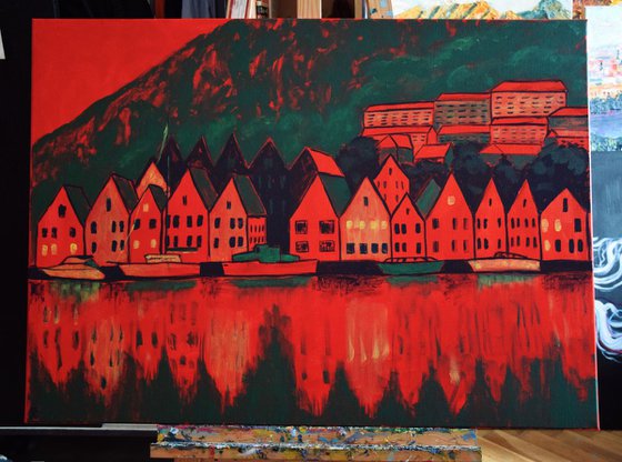 Big acrylic painting Bergen Bryggen, Norway fjord, green and red