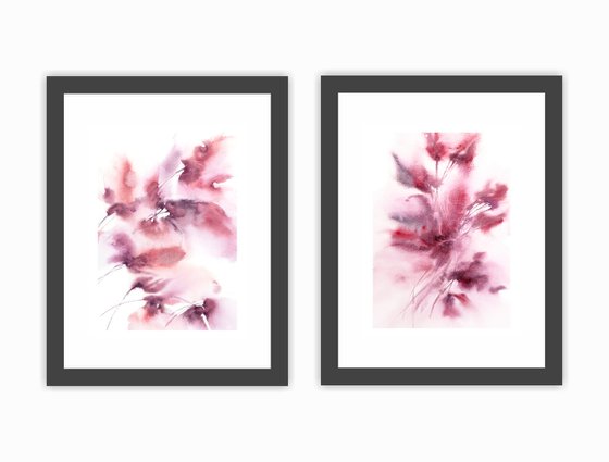Pink abstract floral watercolor, floral diptych "Floral dreams"