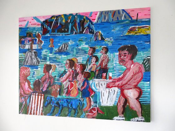 beach scene with blue dog