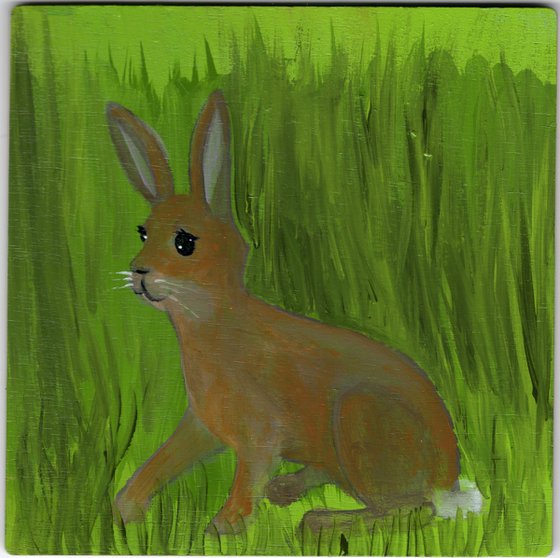 Spring Hare 4x4 Acrylic Painting on Wood by Jo Potocki Rabbit Bunny Art