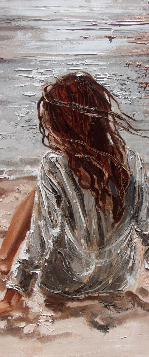 " SILENT NIGHT ... "- SEA SAND liGHt  ORIGINAL OIL PAINTING, GIFT, PALETTE KNIFE by Monika Luniak