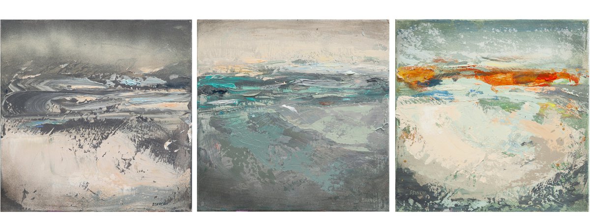 Abstract Landscape Acrylic Painting By Susana Sancho Beltran, 47 X 18", Triptych, Original Artwork