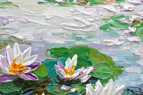 Water Lilies Pond - Impasto Floral Art, Palette Knife Painting