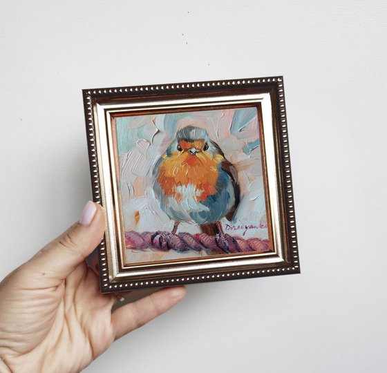 Bird painting original oil for sale, Robin bird art painting, Miniature painting 4x4, Mother's day gift