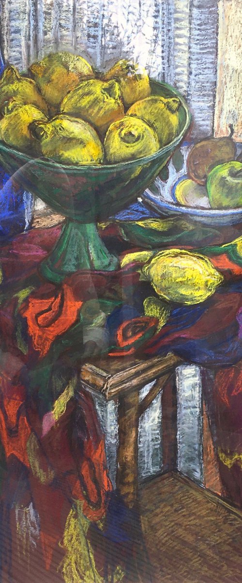 Rustic still life with Lemons and a colourful scarf by Patricia Clements