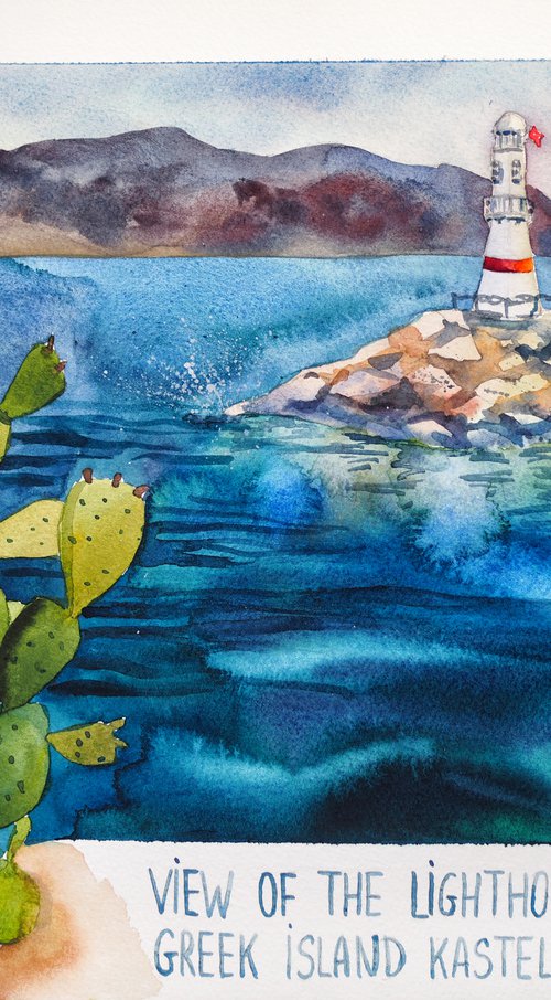 View of the lighthouse and greek island, plein air in Kas, Turkey - original watercolor by Delnara El