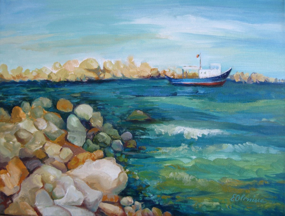 Impressionistic Landscape Acrylic Painting By Elena Oleniuc, 18 X 14, Looking At The Sea, Original Artwork