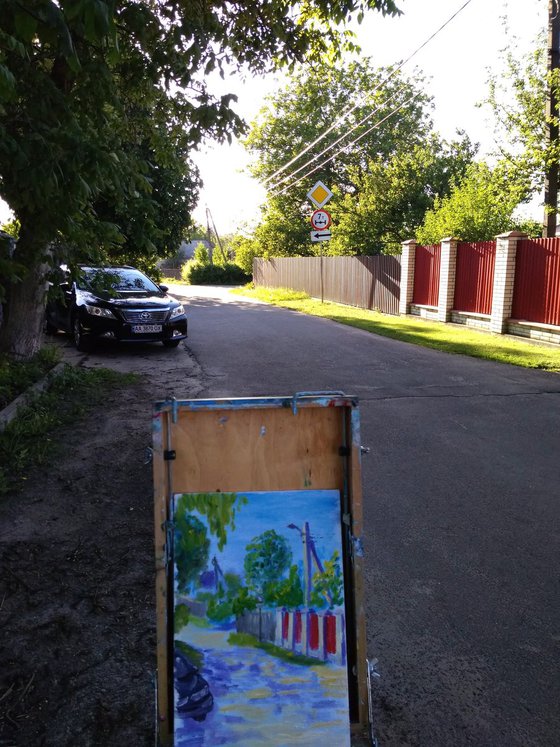 Street in Village with a black car Plein Air Oil Painting