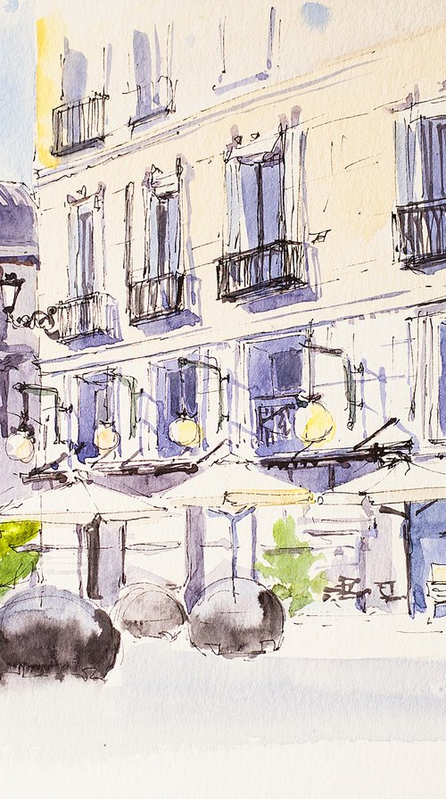 Madrid. Opera. Street sketch. Urban watercolor landscape stude artwork small city landscape spain gift idea interior by Sasha Romm