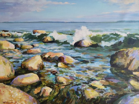 Warm stones, original one of a kind acrylic on canvas seascape