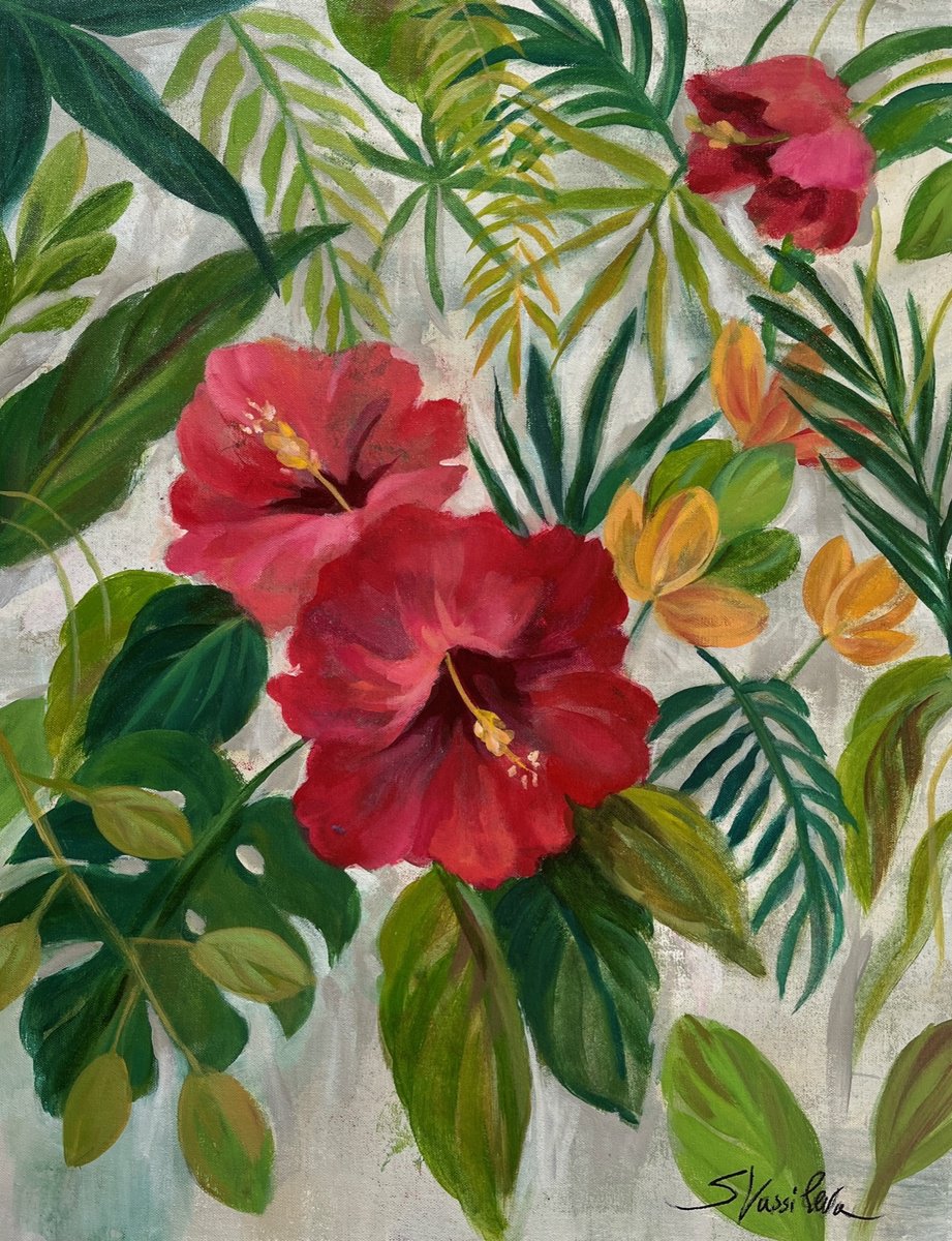 Impressionistic Botanical Acrylic Painting By Silvia Vassileva, 22 X 26", Tropical Jewels I, Original Artwork