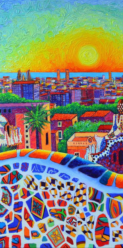 BARCELONA FROM PARK GUELL at sunrise impasto textural modern impressionist palette knife oil painting by ANA MARIA EDULESCU by ANA MARIA EDULESCU