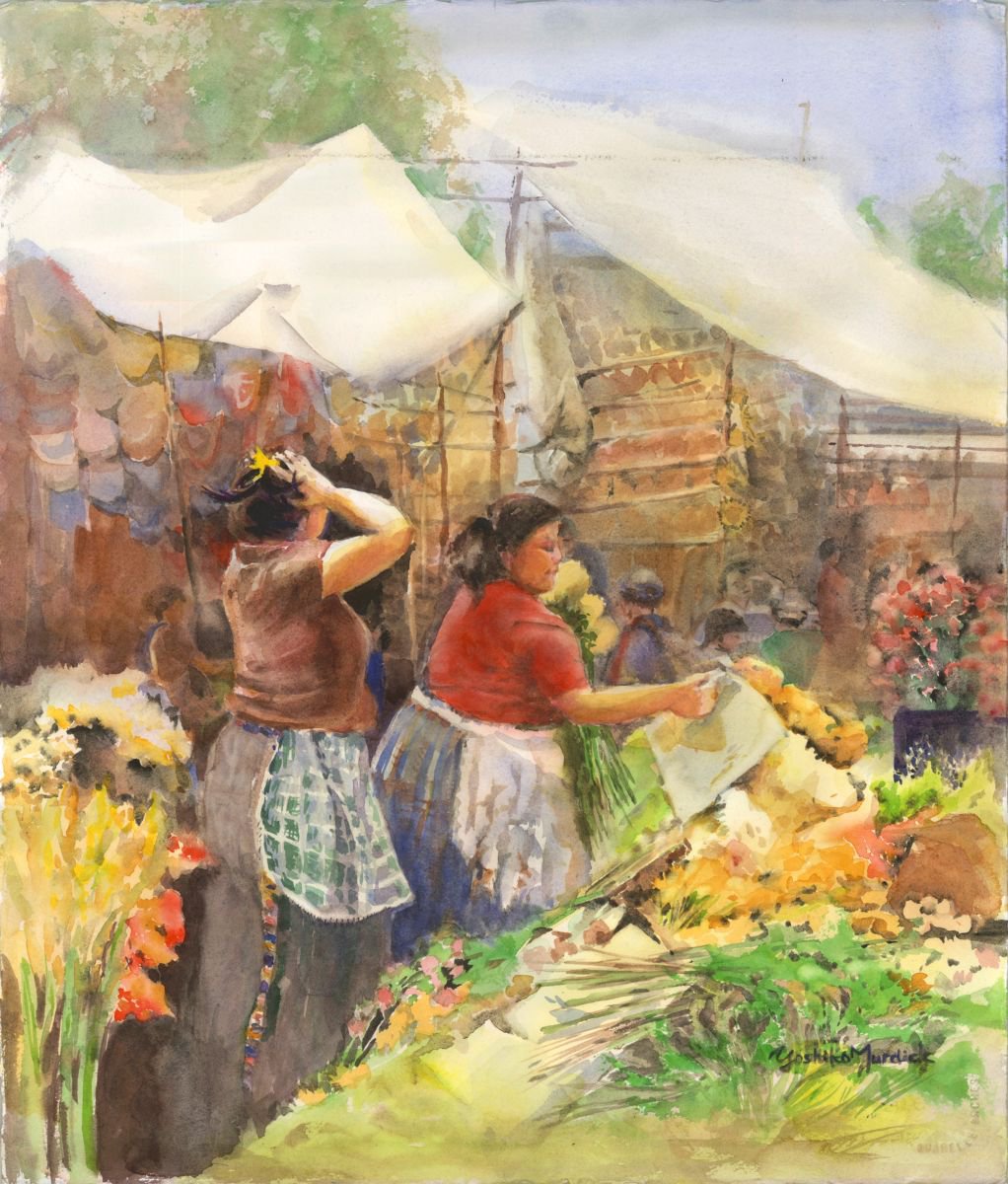 Impressionistic Watercolour , Market Day Ii By Yoshiko Murdick, 19 X 22, Artwork For Sale On Artfinder