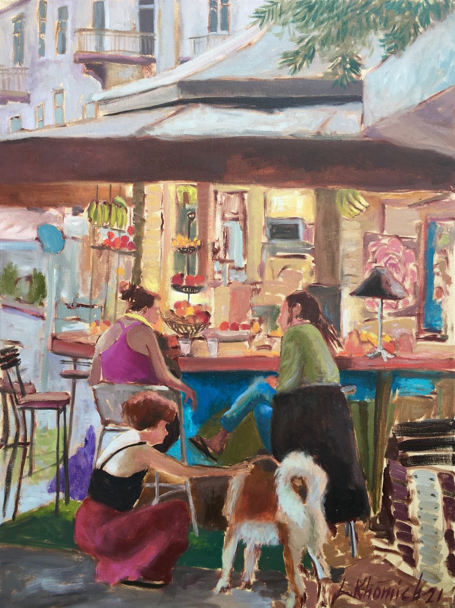 Impressionistic Portrait Oil Painting By Leo Khomich, 24 X 32", Street Cafe South Tel Aviv, Original Artwork