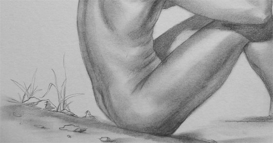 original art charcoal drawing  male  nude outdoor on paper #16-10-9
