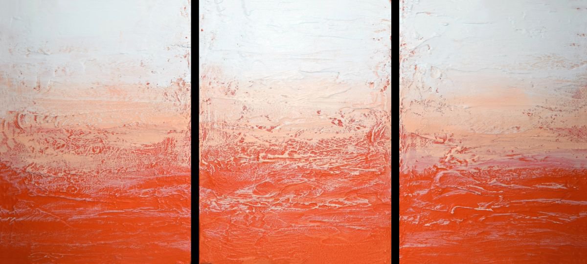 Surrealistic Abstract Acrylic Painting By Stuart Wright, 48 X 20", Tangerine Triptych Orange, Original Artwork