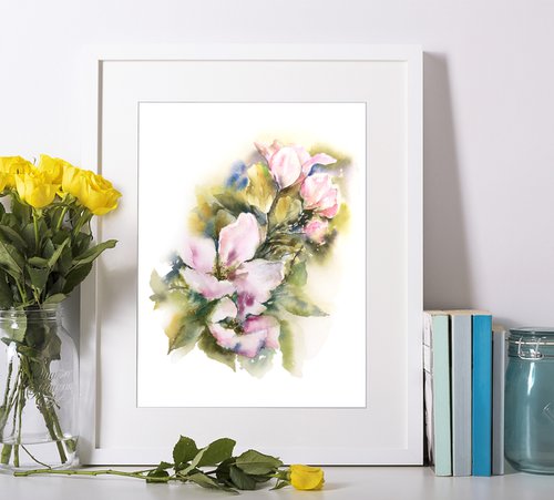 Spring apple blossom, small watercolor floral painting by Olga Grigo