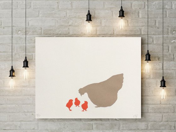 MOTHER HEN AND CHICKS-unframed-FREE WORLDWIDE DELIVERY