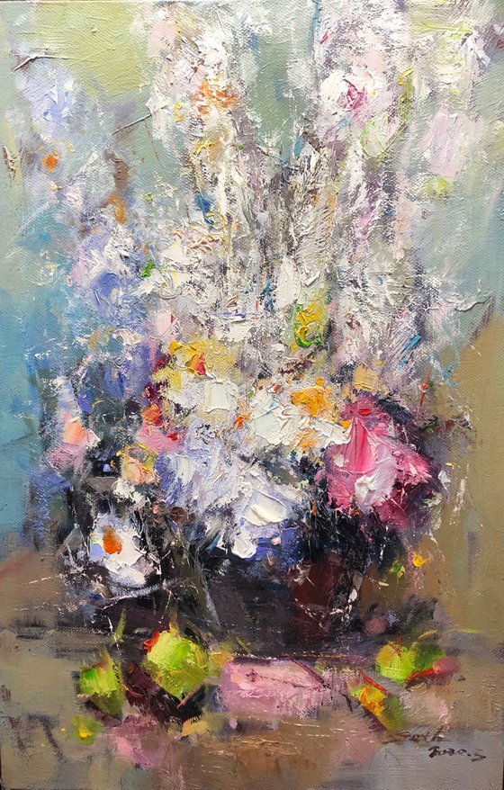 "Flowers" size 62x92cm;  canvas, oil.  Free shipping