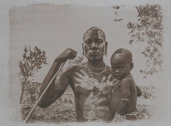 Parenthood, Cyanotype Print, Ethiopian Man with Son, Tea Toned, African tribal body painting, wall Art Photography