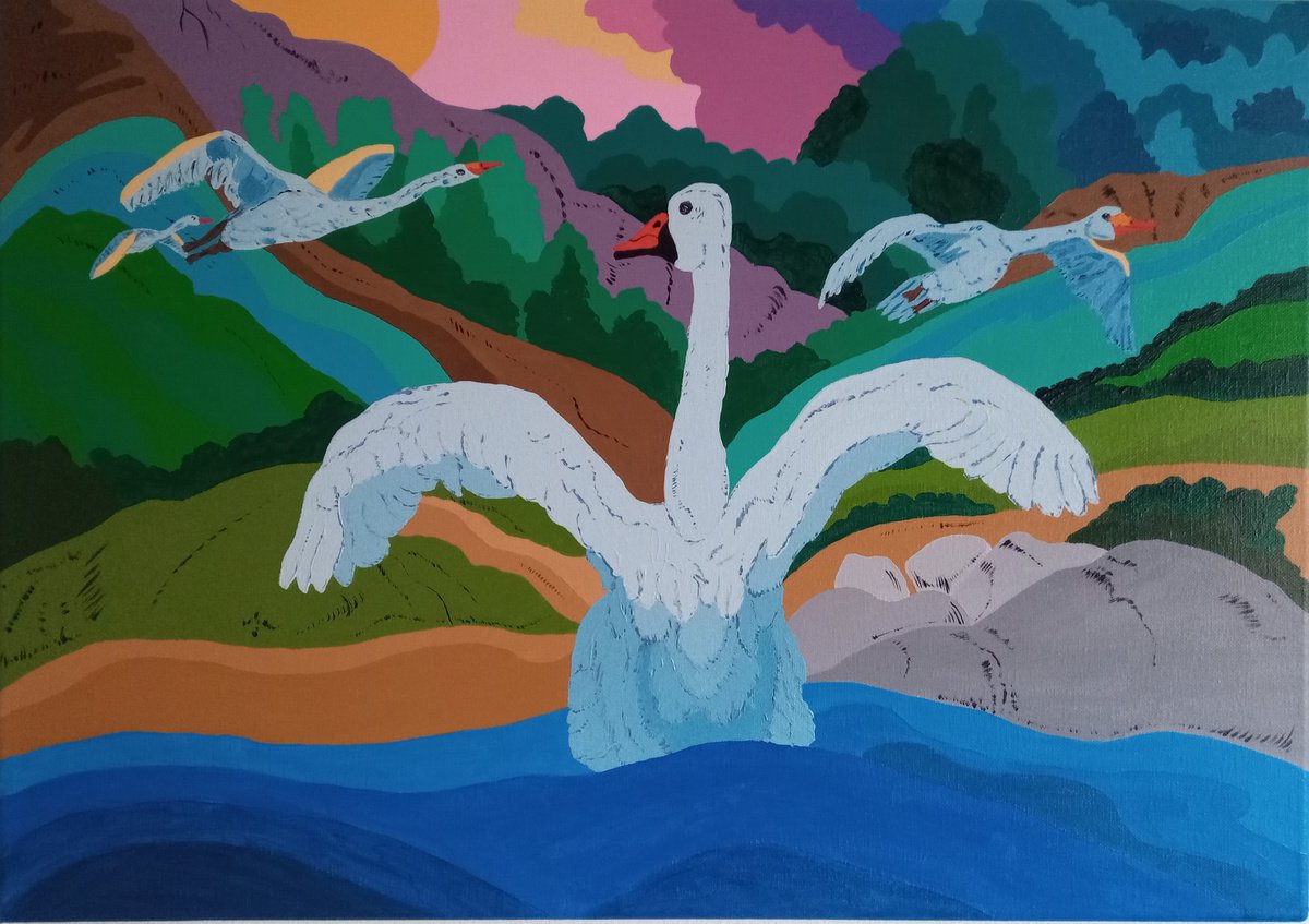 Naive Animal Acrylic Painting By Corinne Hamer, 23 X 17, Lake Of Swans, Original Artwork