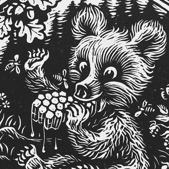 Little bear, honey bees linocut.