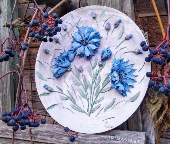 Blue cornflowers on a white background-delicate Botanical bas-relief 25x15x3 cm.