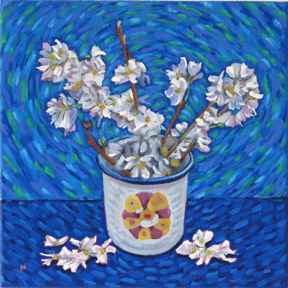 Botanical Oil Painting By Richard Gibson, 11 X 11", Flowering Cherry In A Small Pot, Original Artwork