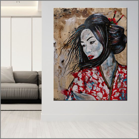 Cherry Cherry Geisha 120cm x 150cm Japanese Geisha Book Page Urban Pop Art